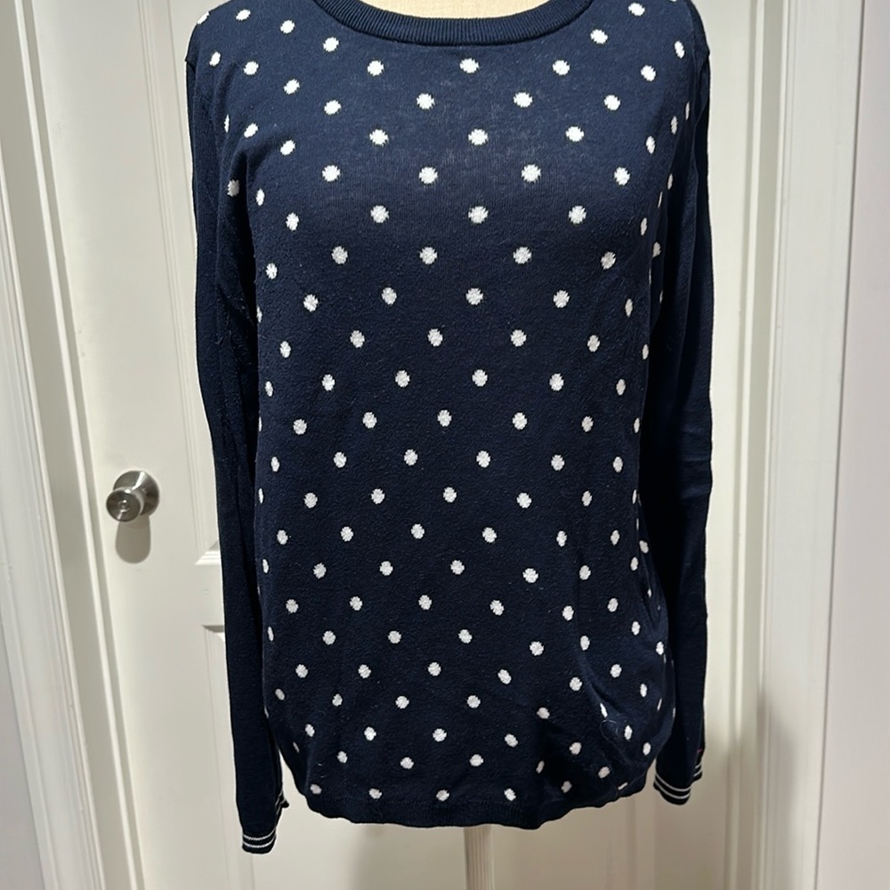 Tommy Hilfiger blue and white polkadot crewneck sweater.